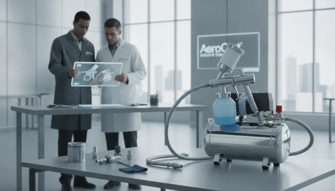 Air compressor paint sprayer with tank, hose, and spray gun in a modern lab.