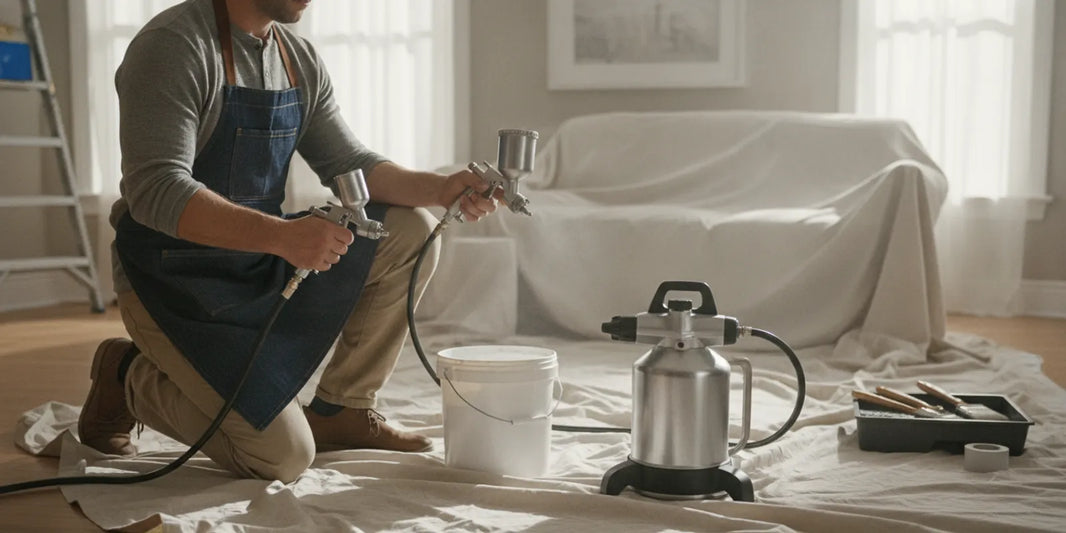 A homeowner comparing paint sprayer options in a bright room prepared for painting