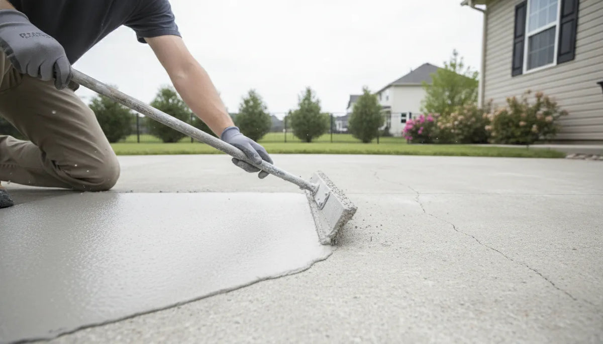 Contractor applying concrete resurfacer to a worn patio
