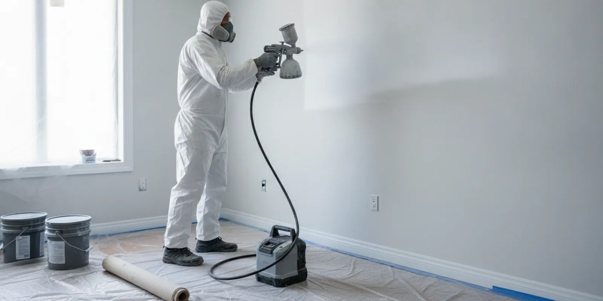 Contractor using a cordless airless paint sprayer to coat a wall at a renovation jobsite