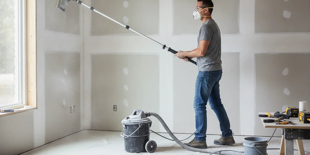 A worker carefully sanding a drywall joint with a pole sander while wearing eye and respiratory protection
