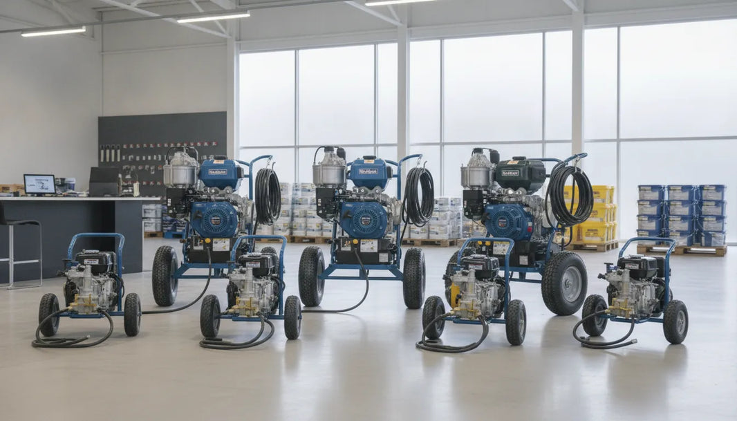 Graco and Titan gas airless paint sprayers for sale displayed in a showroom.