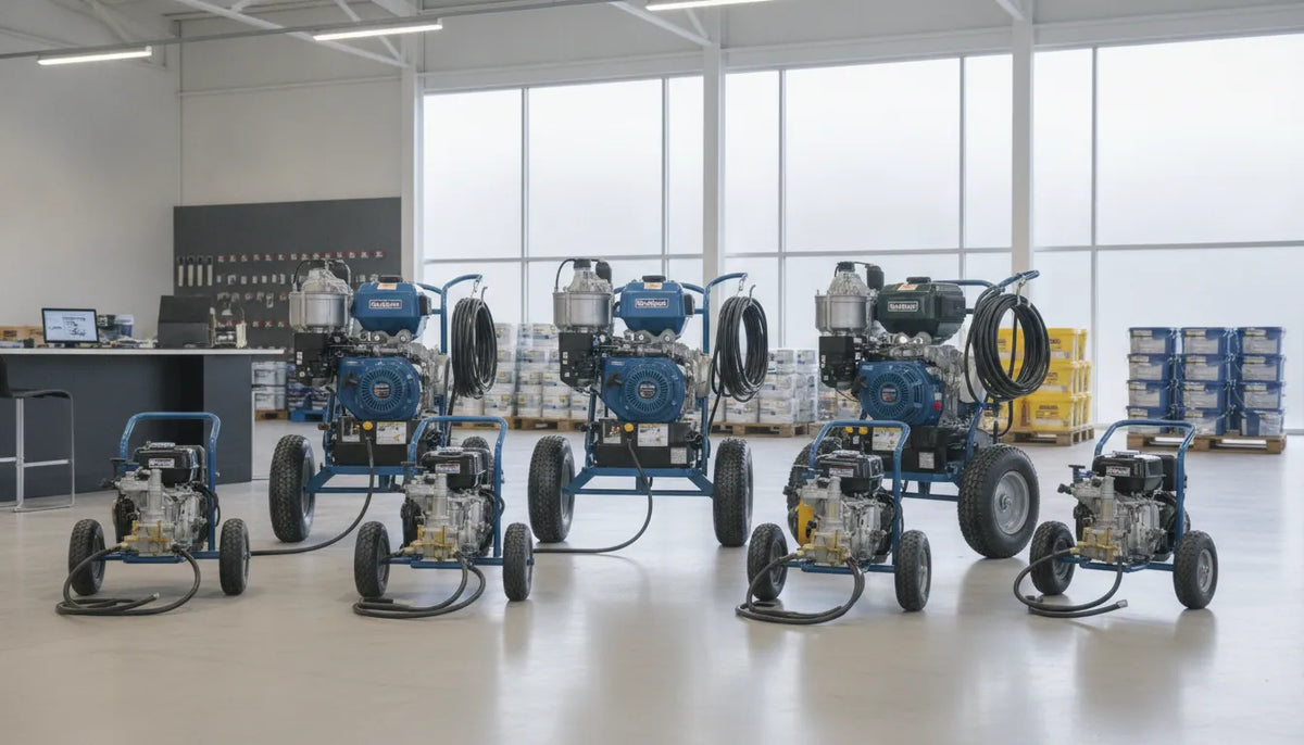 Graco and Titan gas airless paint sprayers for sale displayed in a showroom.