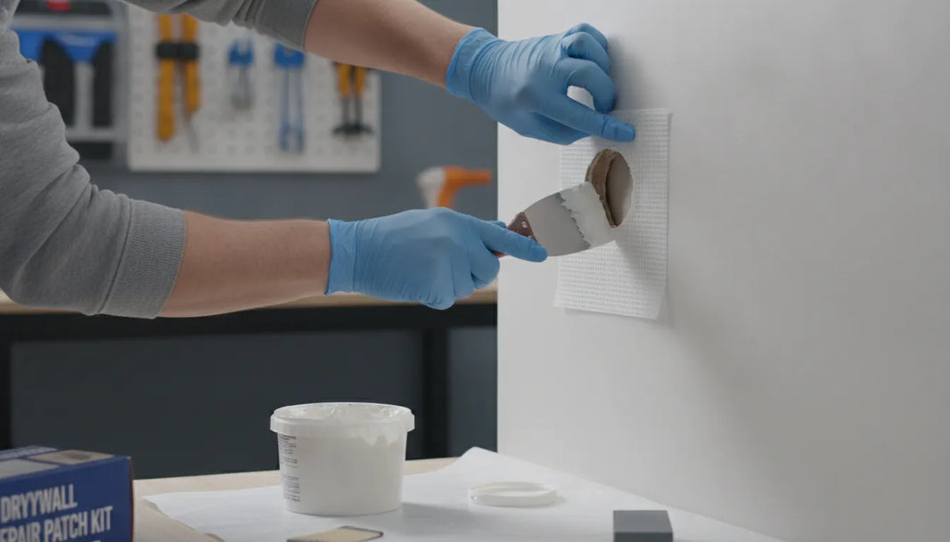 Drywall hole repair using a patch kit, spackle, and putty knife.
