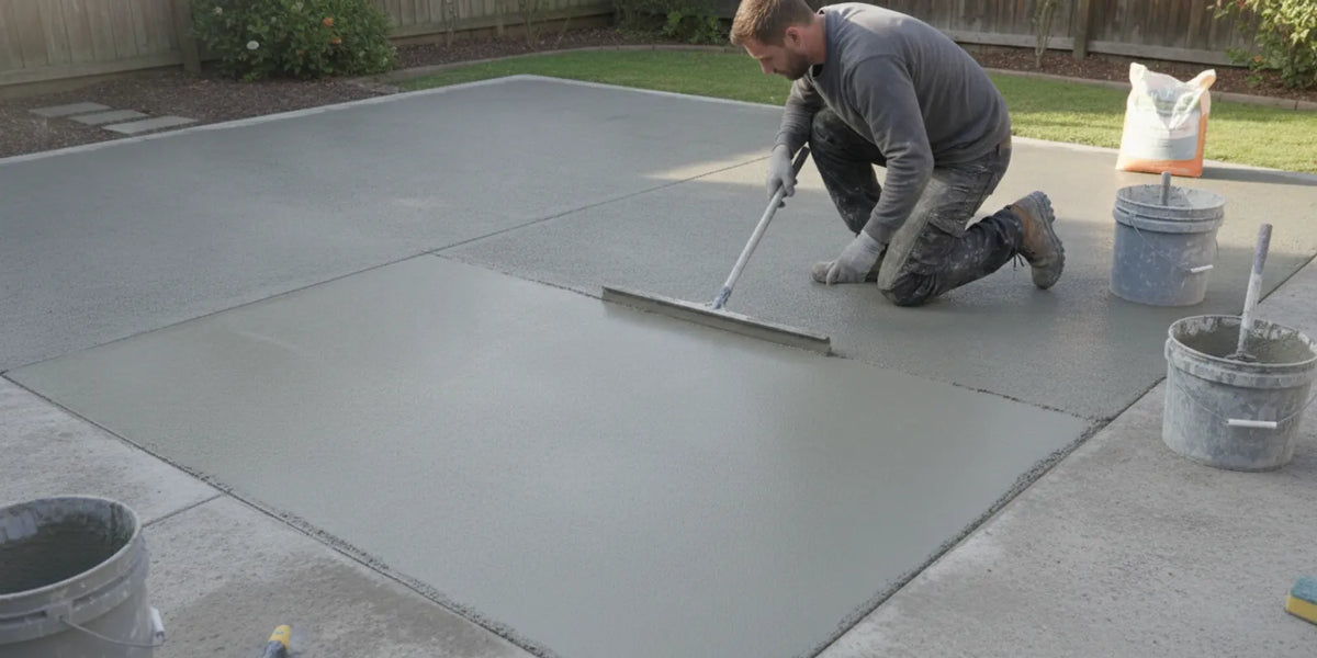 Worker spreading fresh concrete resurfacer across a prepared outdoor concrete slab