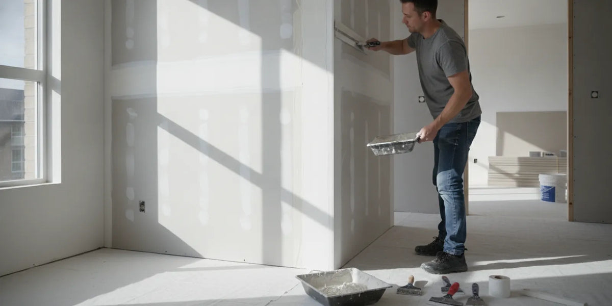 A finisher smoothing joint compound over drywall tape on an interior wall seam