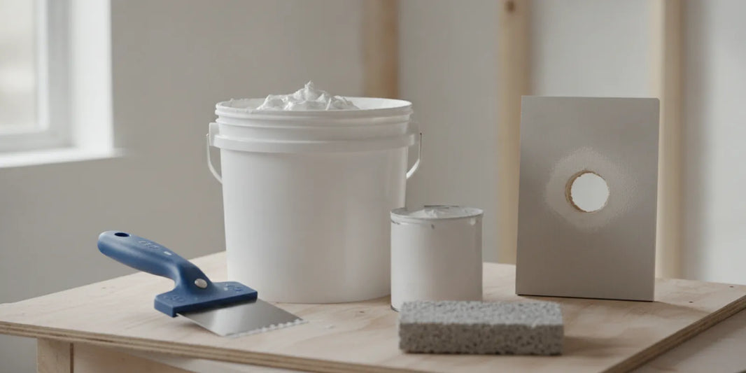 Drywall repair materials and tools arranged beside a small wall patch