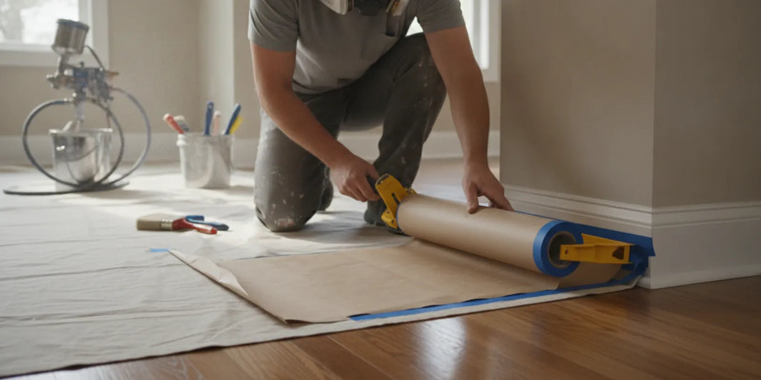 Painter applying masking paper along trim before spraying a wall