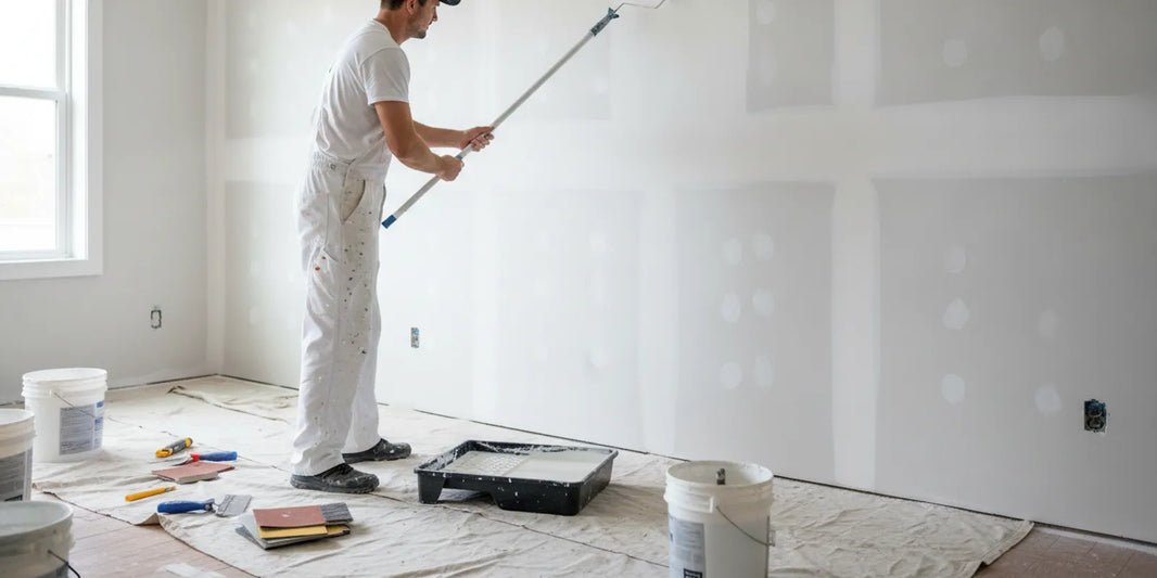 Painter rolling primer onto a freshly finished drywall wall in a bright, empty room