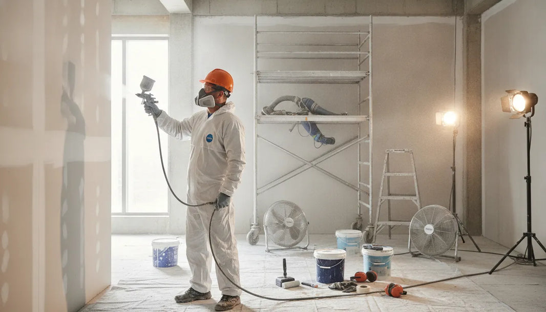 Painter wearing a respirator while spraying inside a construction site