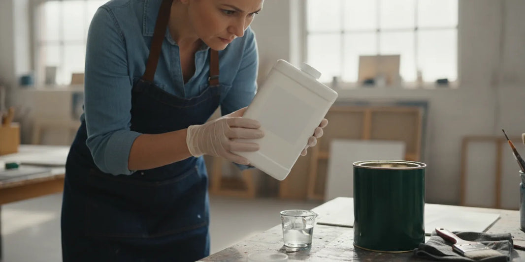 Painter checking the label on a solvent container beside an oil-based paint can and brush