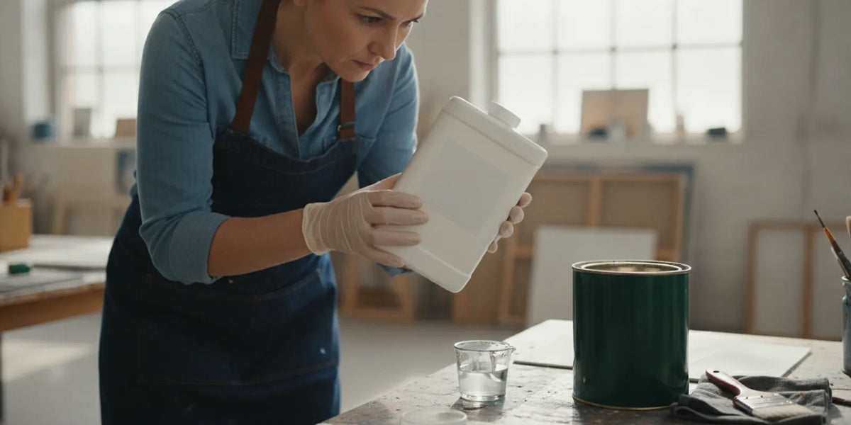 Painter checking the label on a solvent container beside an oil-based paint can and brush