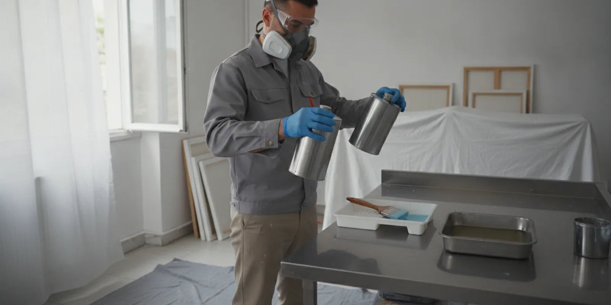 Painter comparing two plain solvent containers beside brushes and a paint tray in a ventilated work area