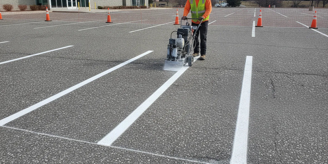A maintenance worker applying fresh white parking lot stripes with a line striping machine in a clean commercial parking area