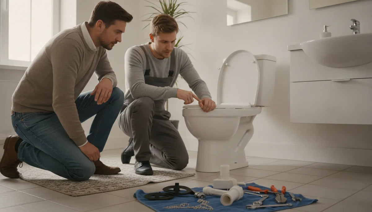 Homeowner and maintenance worker examining toilet tank repair parts
