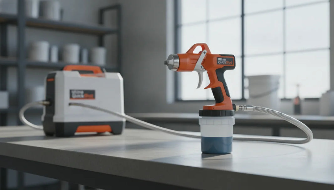 Ultra QuickShot airless sprayer with hose and paint container on a table.
