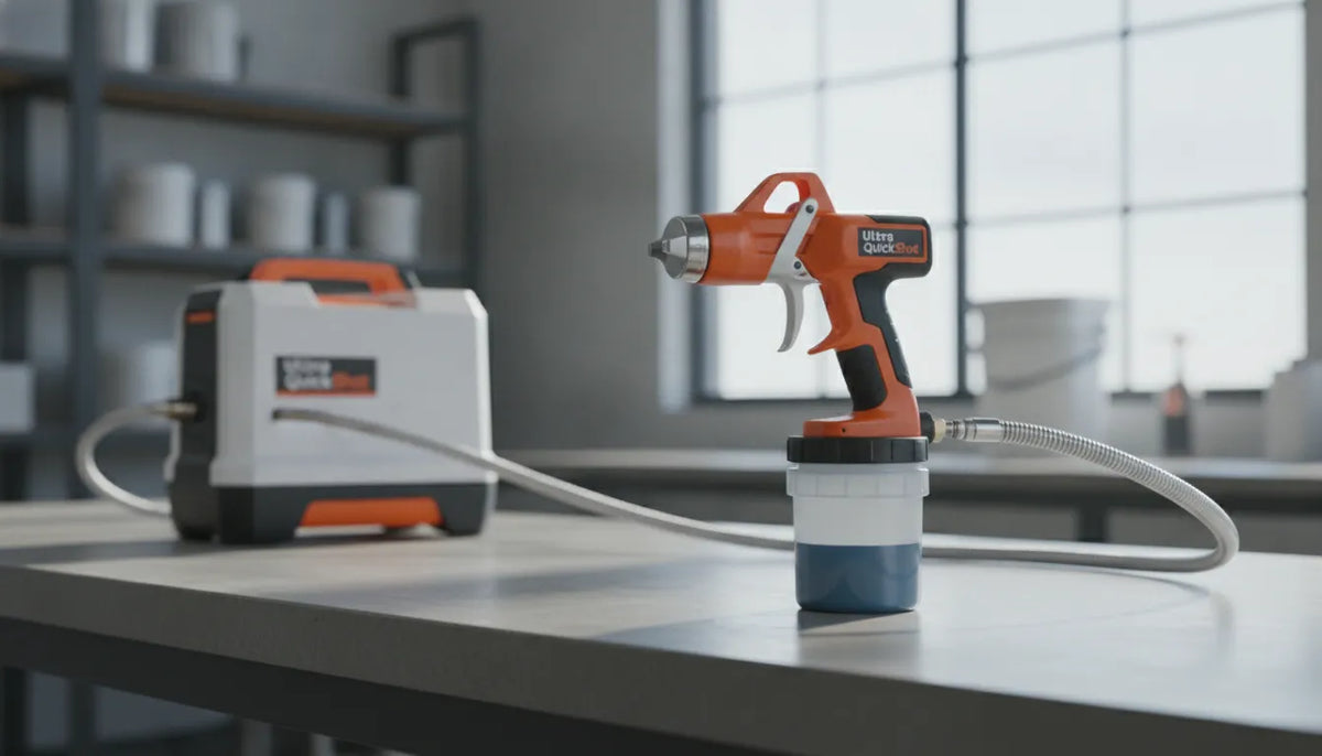 Ultra QuickShot airless sprayer with hose and paint container on a table.