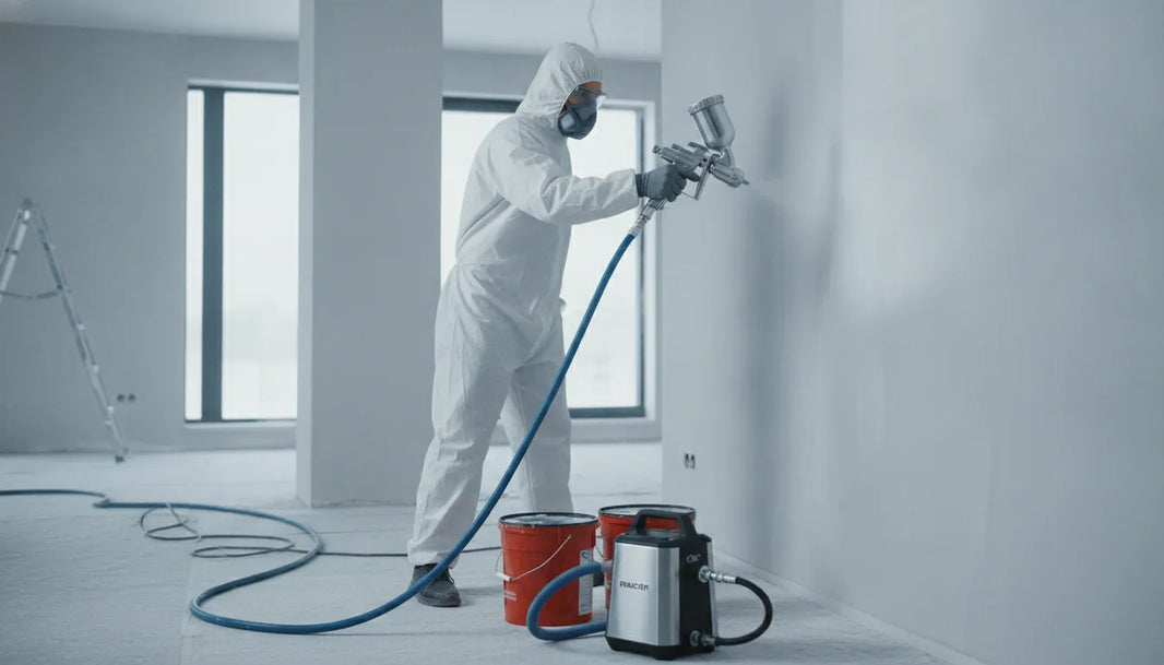 Worker using an airless paint sprayer to coat an interior wall while wearing protective gear.