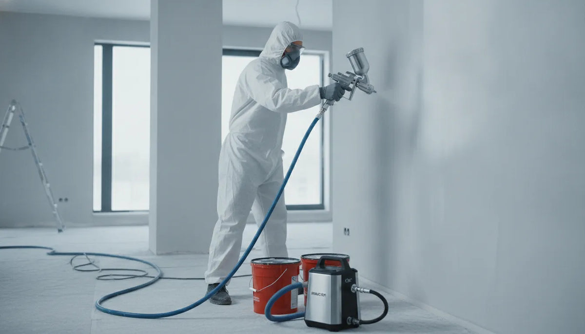 Worker using an airless paint sprayer to coat an interior wall while wearing protective gear.