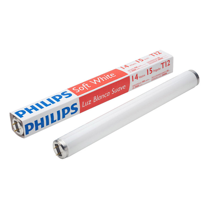 Six Emery Jensen T12 linear fluorescent bulbs, 15-inch, 14W, with G13 bases, shown in a pack for commercial or residential lighting.