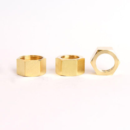 Set of three 5/8-inch compression nuts for fittings from Emery Jensen, shown in a close-up image of the bulk pack.