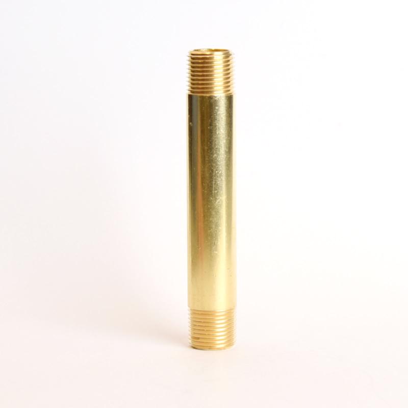 Pack of five brass nipples, 3/8 inch by 4 inches MPT, used for plumbing or piping connections, shown in the image.