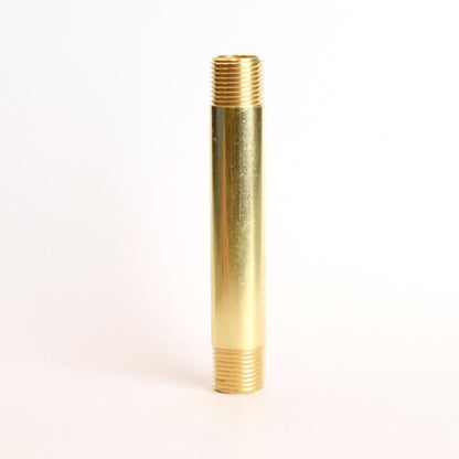 Pack of five brass nipples, 3/8 inch by 4 inches MPT, used for plumbing or piping connections, shown in the image.