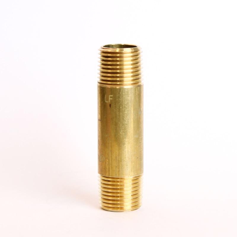 Set of five brass nipples, 1/2" x 3" MPT, manufactured by Emery Jensen, shown in a close-up image highlighting threaded ends.