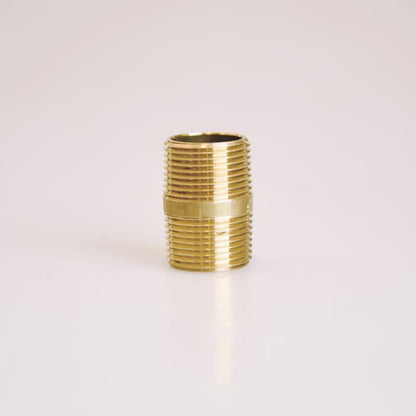 Set of five brass nipples, 3/4 inch by 1-1/2 inch MPT fittings by Emery Jensen, showing threaded ends on a white background.