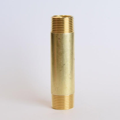 Set of five brass nipples, 3/4 inch by 4 inch with MPT threads, used for plumbing connections, manufactured by Emery Jensen.