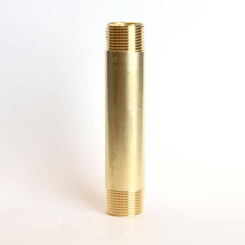 Set of five brass nipples with 3/4-inch by 5-inch MPT threads, used for plumbing and pipe fittings.