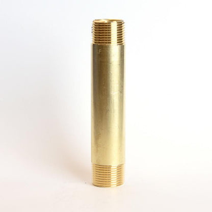 Set of five brass nipples with 3/4-inch by 5-inch MPT threads, used for plumbing and pipe fittings.