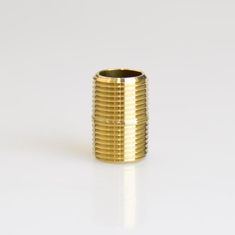 Set of five brass nipples, 3/8 inch NPT close fittings, by Emery Jensen, for plumbing and pipe connections.