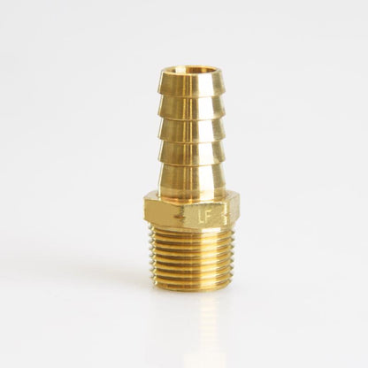 Set of five brass insert/threads fittings with 1/2-inch NPT to 3/8-inch NPT connections by Emery Jensen.