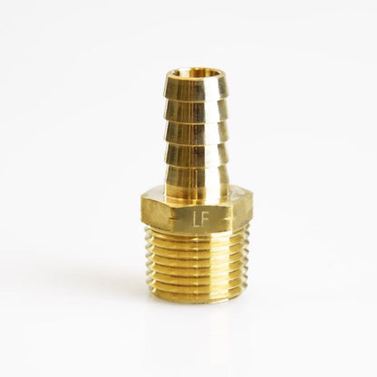 Set of five brass threaded insert fittings with 1/2 inch NPT connections, used for plumbing and pipe threading applications.