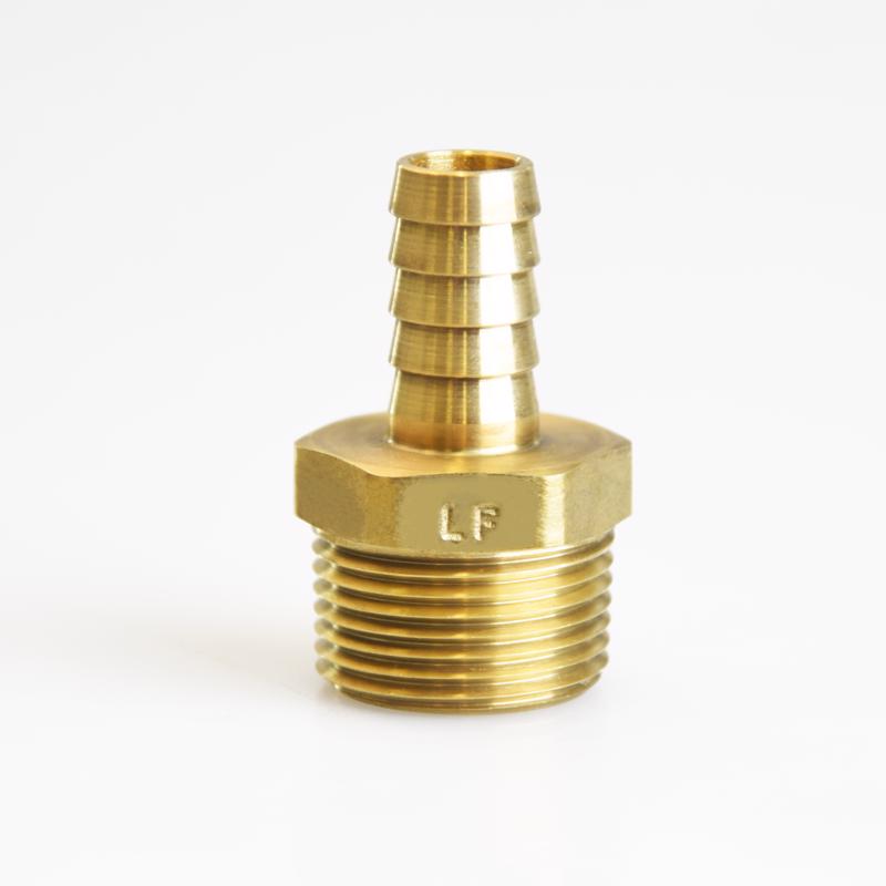 Set of five brass hose barb fittings with 1/2-inch to 3/4-inch MPT threads, featuring brass insert and threaded fittings.