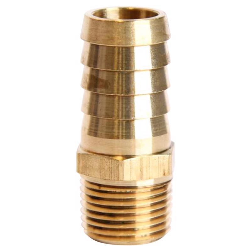 Set of five Emery Jensen brass hose barb fittings, 3/8x5/8 inch with threaded ends, for plumbing and hose connections.
