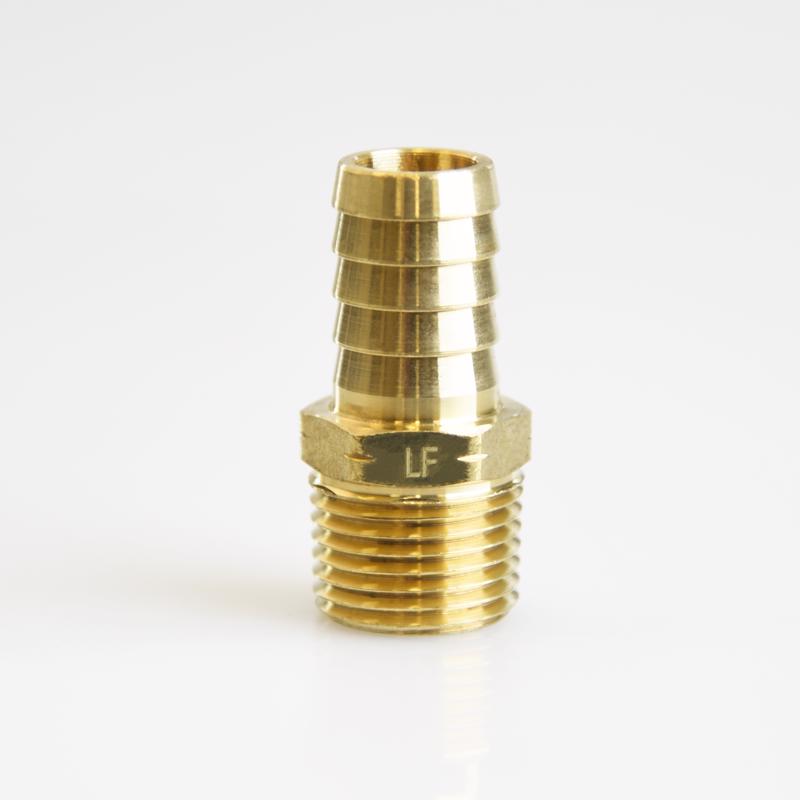 Pack of 5 brass hose barb fittings with 5/8-inch female and 1/2-inch male NPT threads from Emery Jensen with insert/thread fittings.