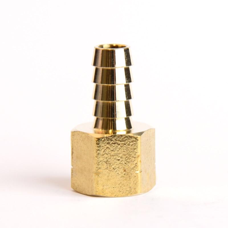 Set of five brass hose barb fittings with 3/8-inch female NPT threads from Emery Jensen, used for secure hose connections.