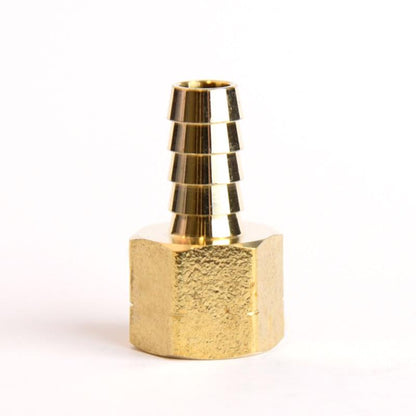 Set of five brass hose barb fittings with 3/8-inch female NPT threads from Emery Jensen, used for secure hose connections.