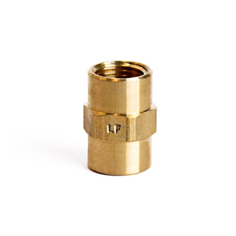 Pack of 5 brass 1/8" x 1/8" FPT couplings from Emery Jensen, used as pipe fittings for plumbing or pneumatic systems.