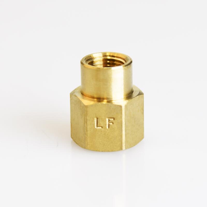 Pack of five brass 1/4" x 1/8" FPT couplings from Emery Jensen, showing shiny metal pipe fittings for plumbing connections.