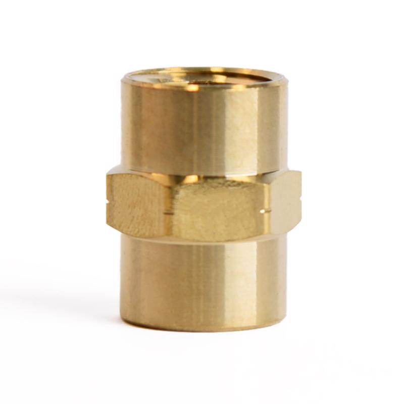 Pack of five brass 1/4" x 1/4" FPT couplings for pipe fittings by Emery Jensen, shown in a close-up image.