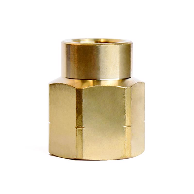 Pack of five brass 1/2-inch by 3/8-inch FPT pipe fittings, bulk bulk fittings by Emery Jensen, showing threaded ends and smooth surface.