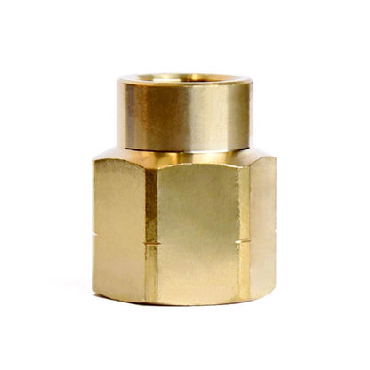 Pack of five brass 1/2-inch by 3/8-inch FPT pipe fittings, bulk bulk fittings by Emery Jensen, showing threaded ends and smooth surface.