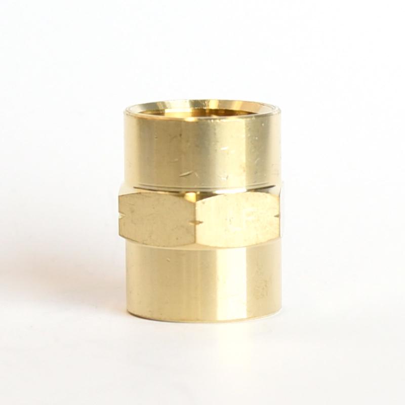 Pack of five brass 1/2-inch FPT coupling fittings for pipes, part of Emery Jensen's bulk brass pipe fittings collection.