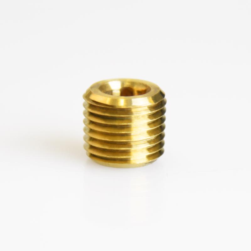 Set of five brass sink plugs with 1/4 inch MPT threaded fittings from Emery Jensen, used for plumbing and pipe sealing.