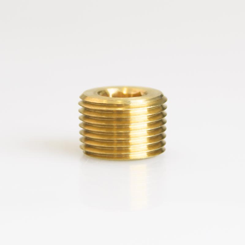 Set of five Emery Jensen brass CONTR sunk plugs, 3/8" MPT, bulk pipe fittings for plumbing applications.