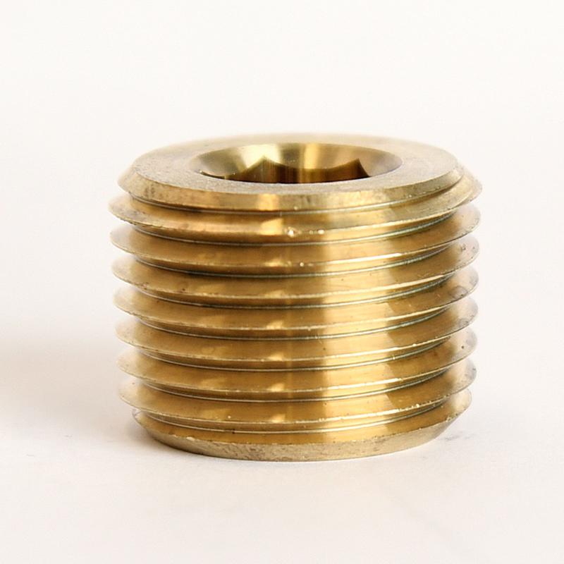 Bulk brass pipe fittings: Emery Jensen 1/2" MPT sink plug, pack of 5, featuring threaded metal connections for plumbing.