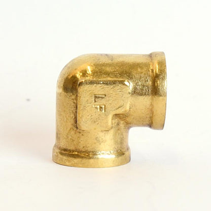 Bulk brass pipe fittings, 90 degree elbow 3/8" FPT, Emery Jensen, pack of 5, with threaded ends for plumbing applications.